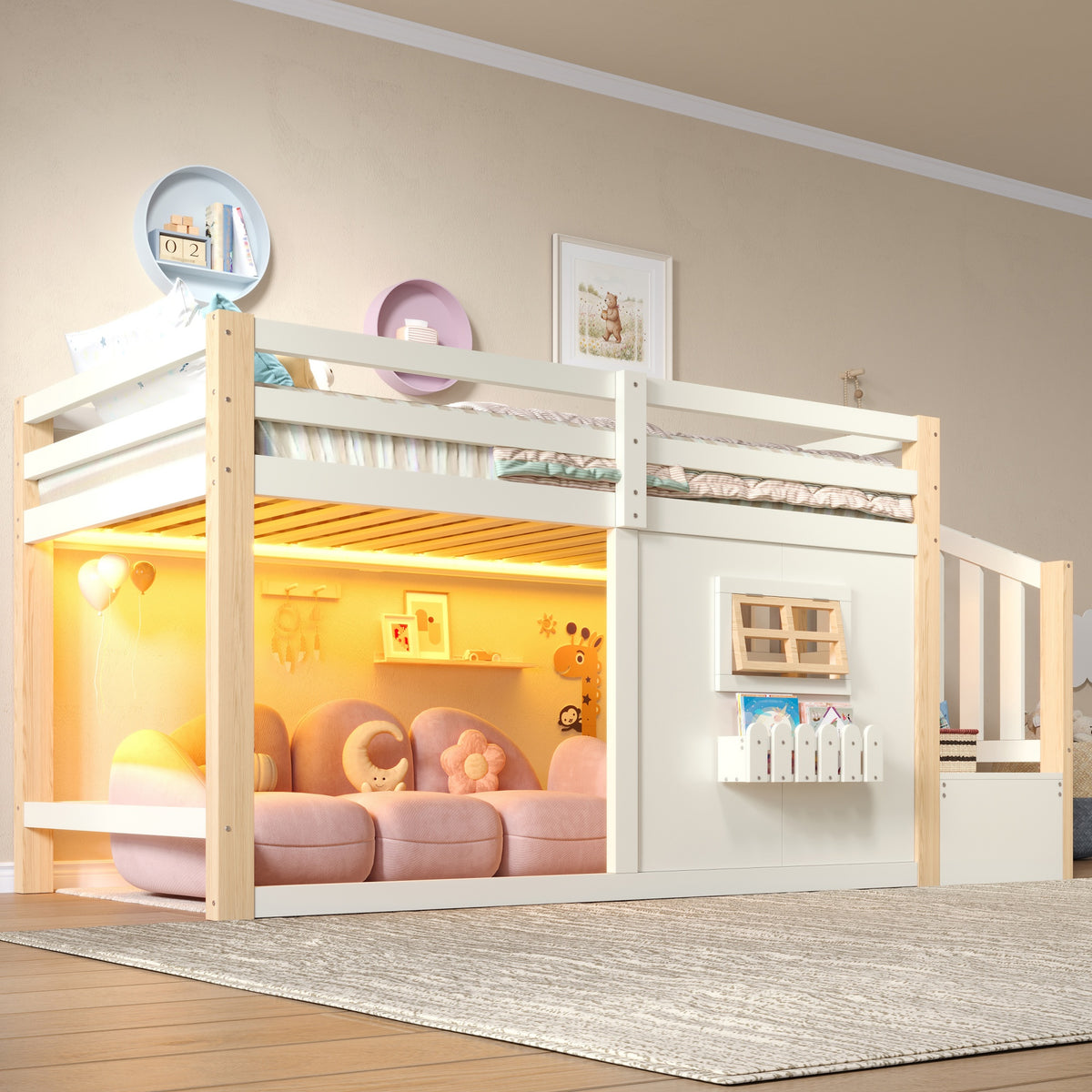 Loft Bed 90x200cm with Window, Storage & LED, Natural White Pine