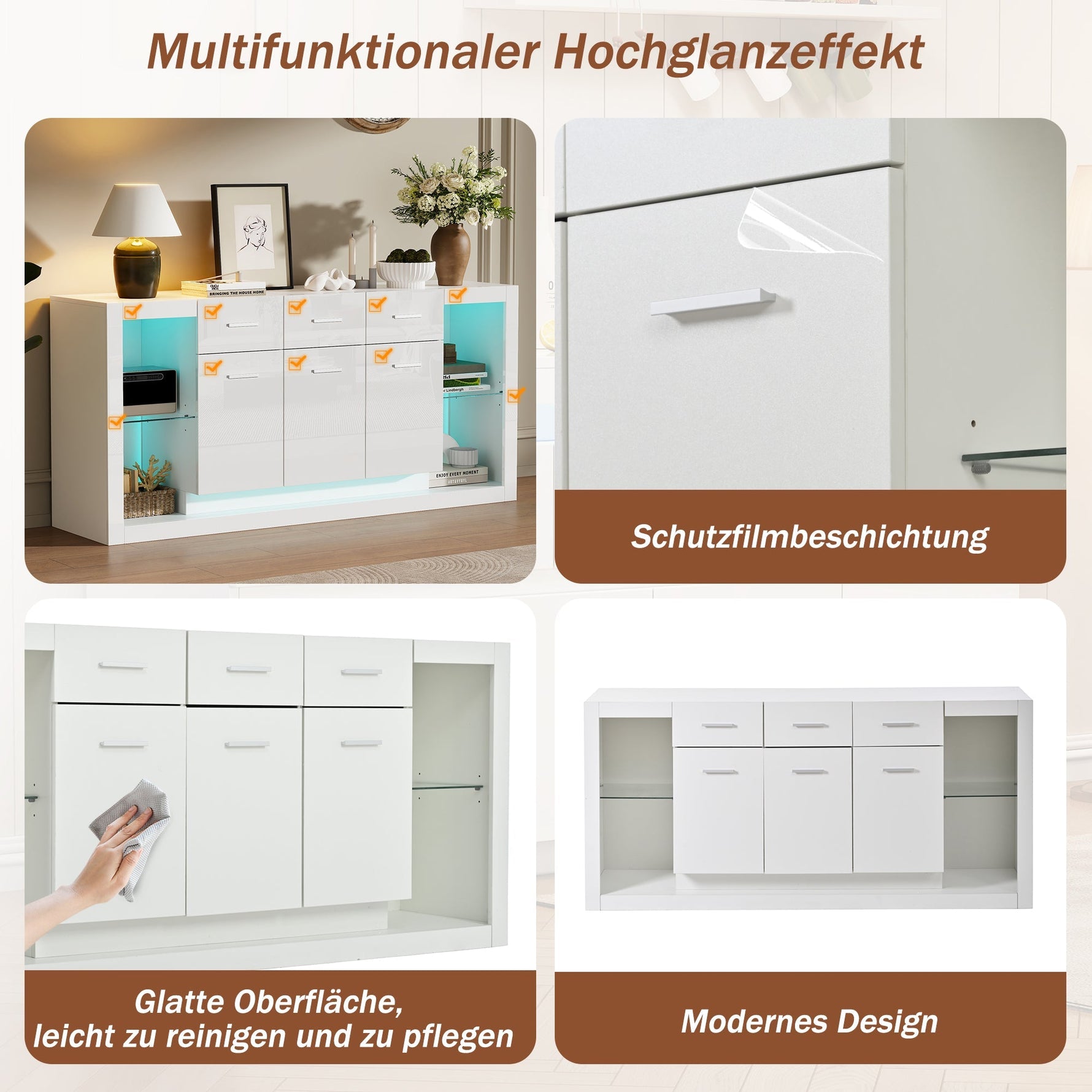 High-Gloss Sideboard 160cm with LED Light and 3 Drawers - White