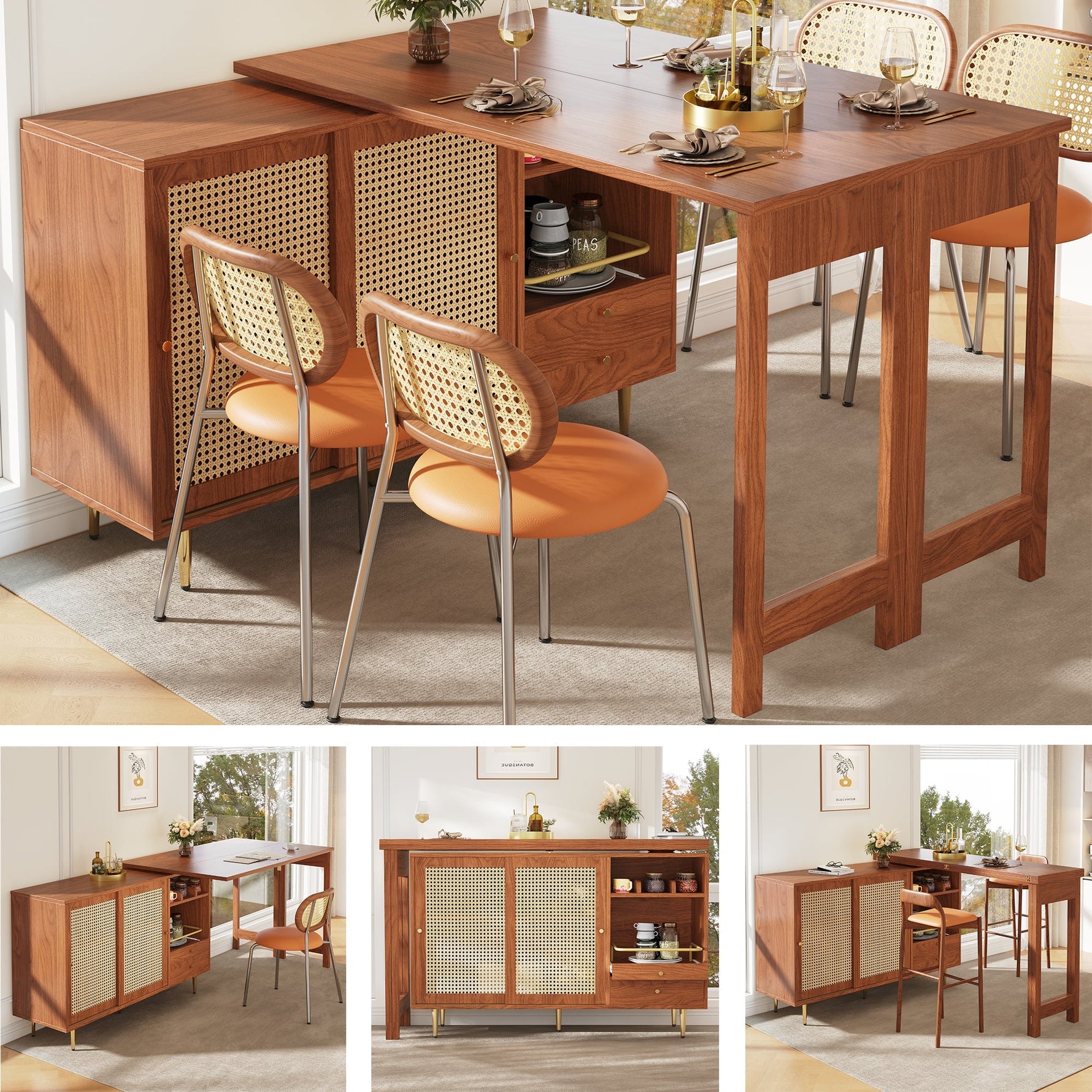 360° Rotating Bar Table Extendable Storage Rattan Door Brown