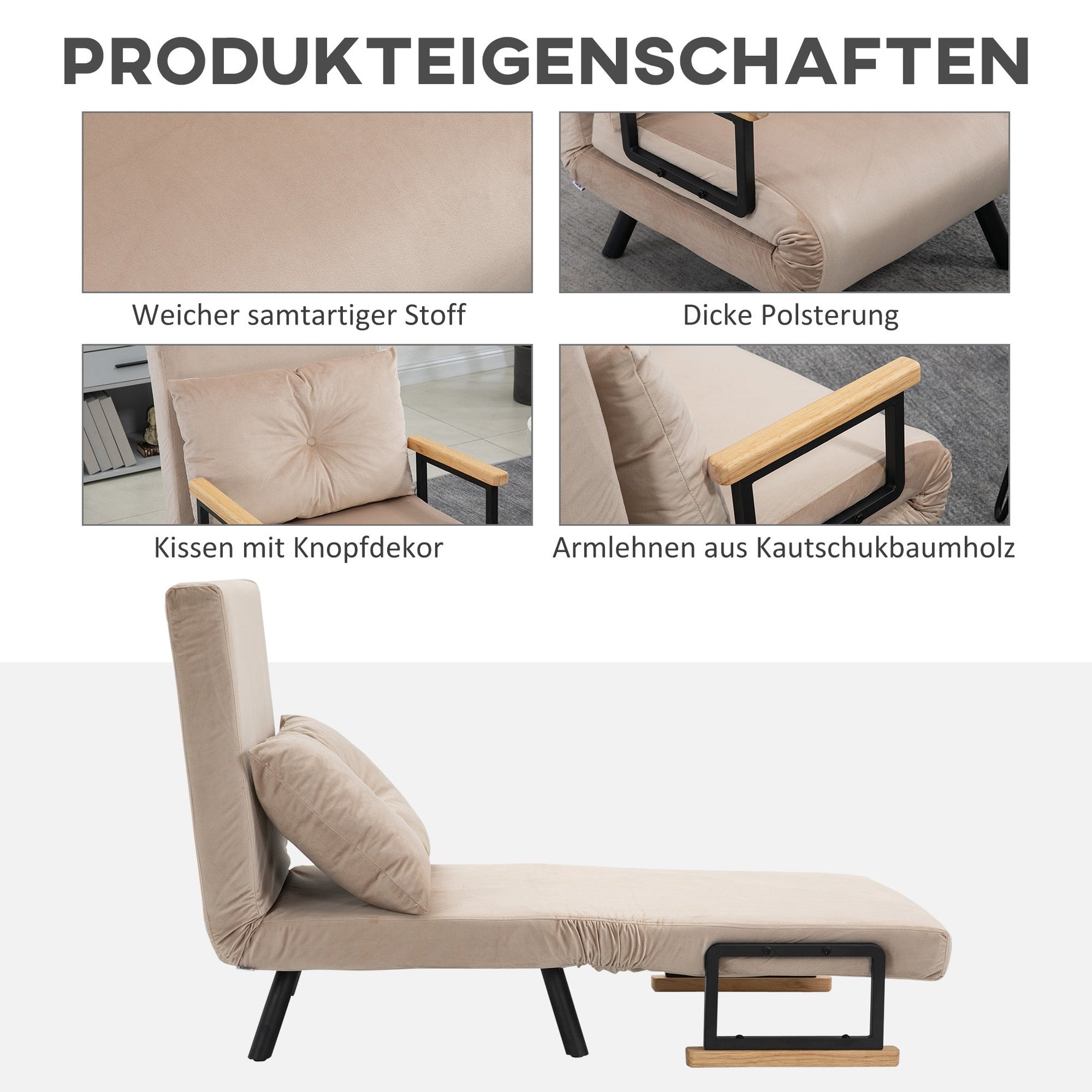 Sofa Bed/Recliner Guest Bed Adjustable Backrest, Velvet Beige