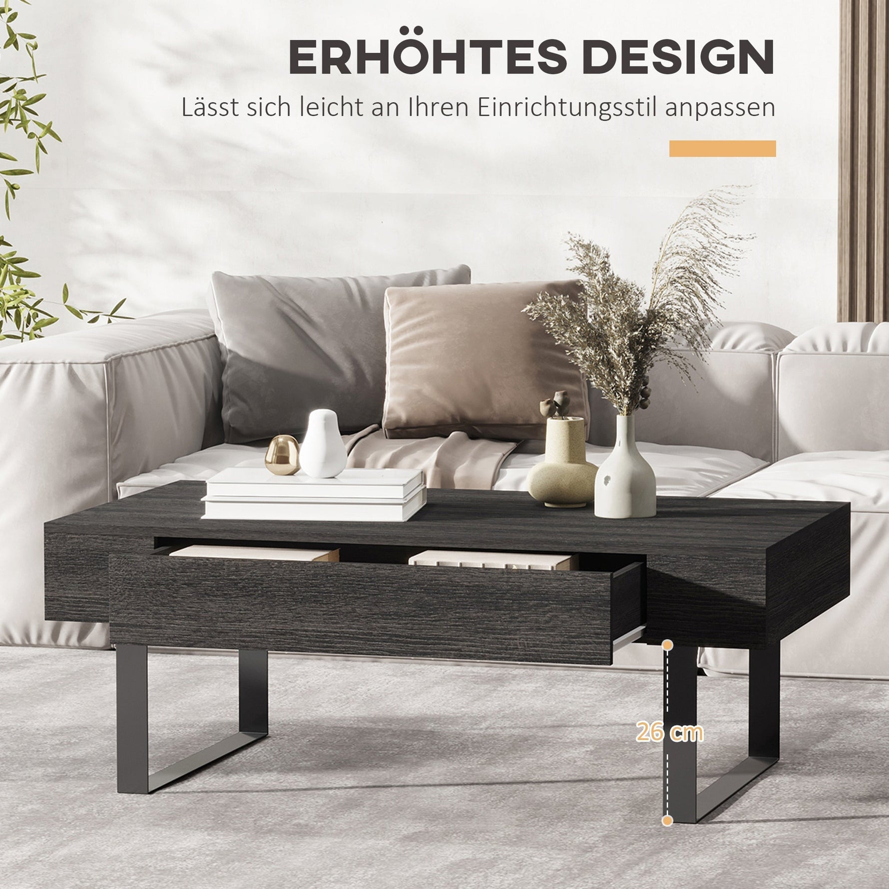 Coffee table side table with drawer & shelves, sturdy steel frame, modern design