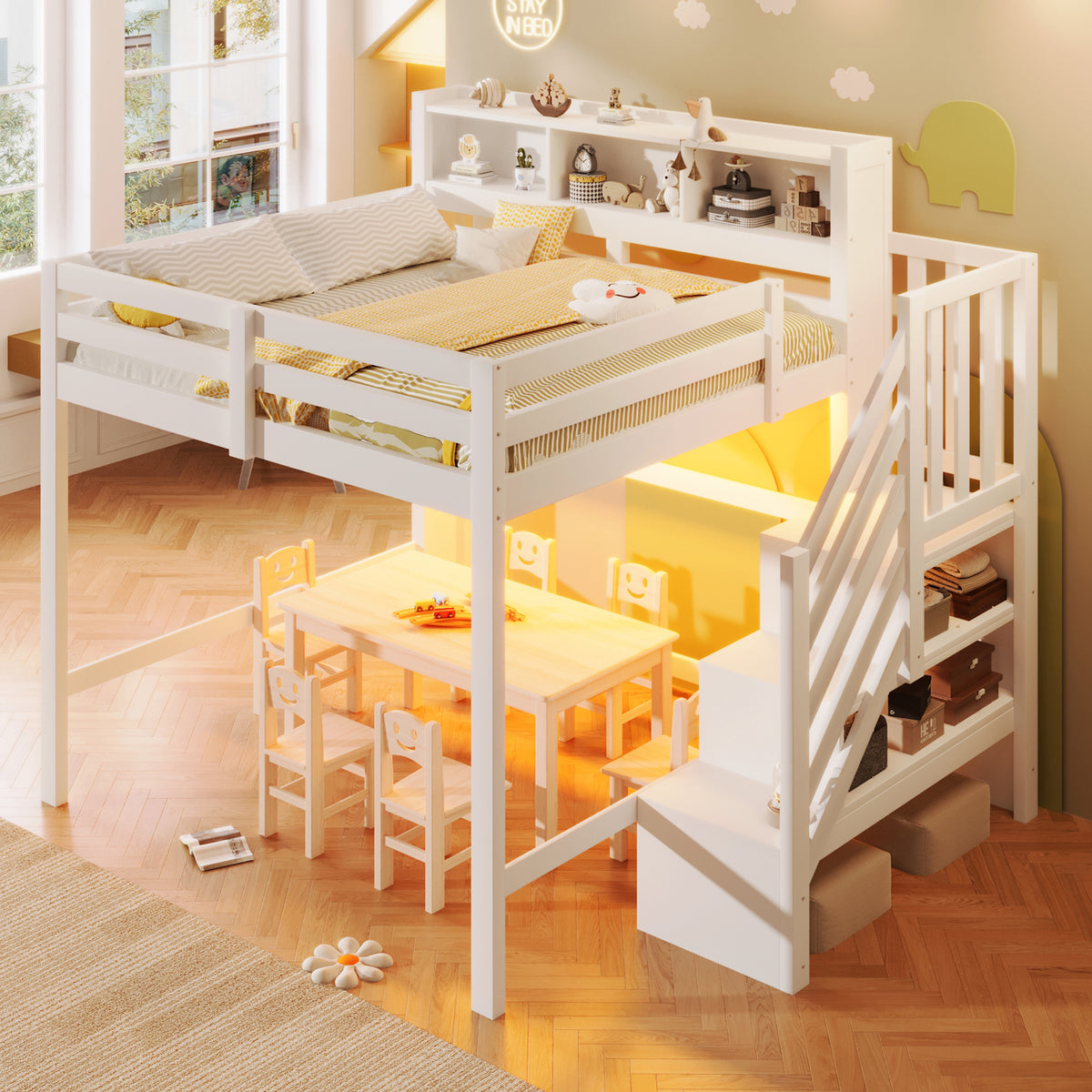Loft Bed 140x200cm with LED Lights & Storage Ladder, White