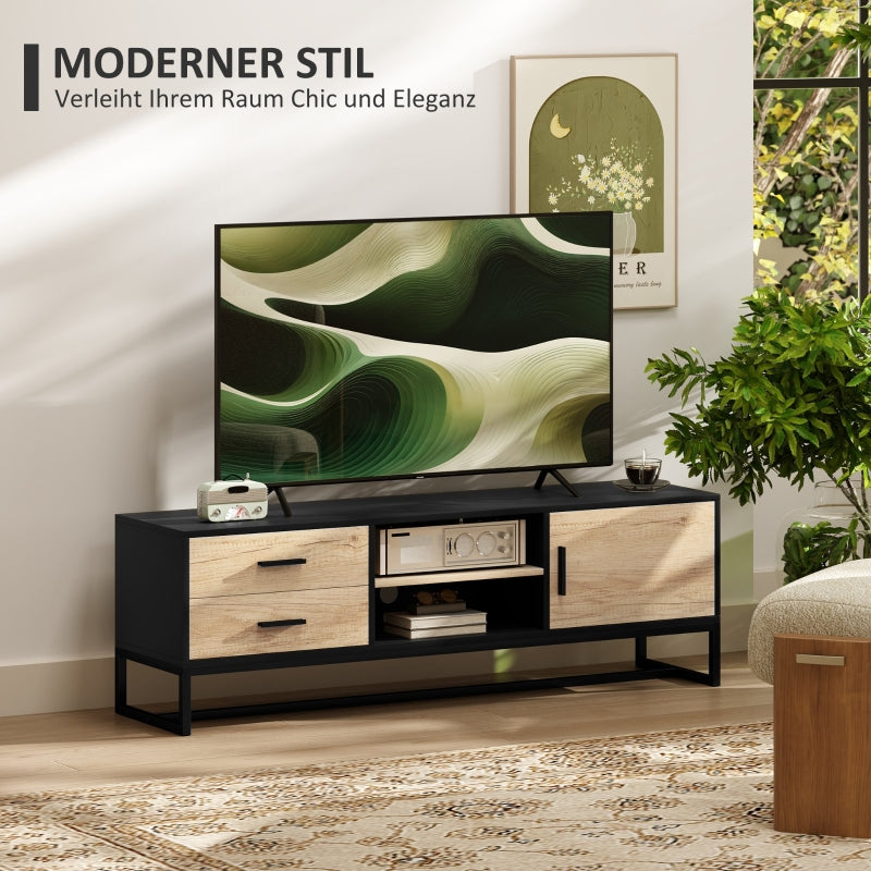 TV Cabinet with Door, 2 Drawers, Open Compartments, Adjustable Shelf, Black