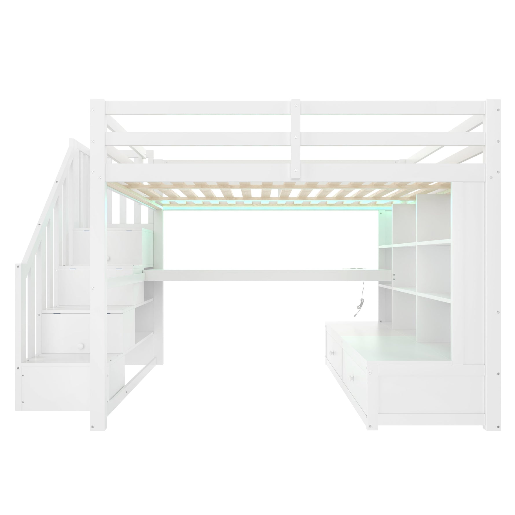 Loft Bed with Desk, Shelves, Drawers and Storage Stairs, 140x200cm, White