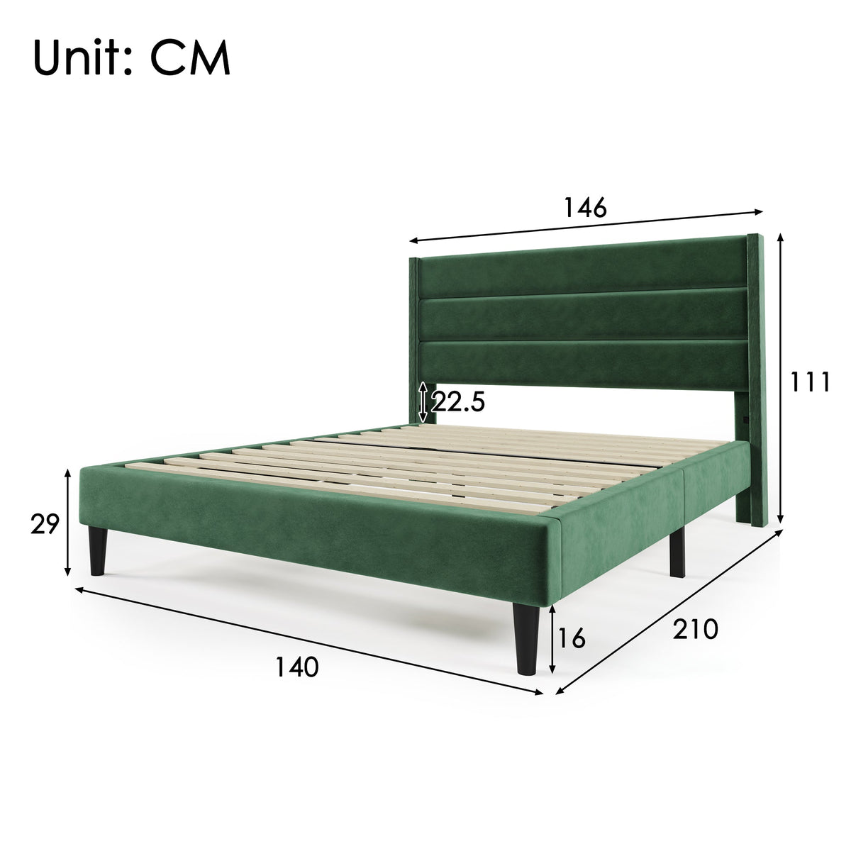 Upholstered Bed 140x200cm with Slatted Frame & Headboard, Velvet Dark Green