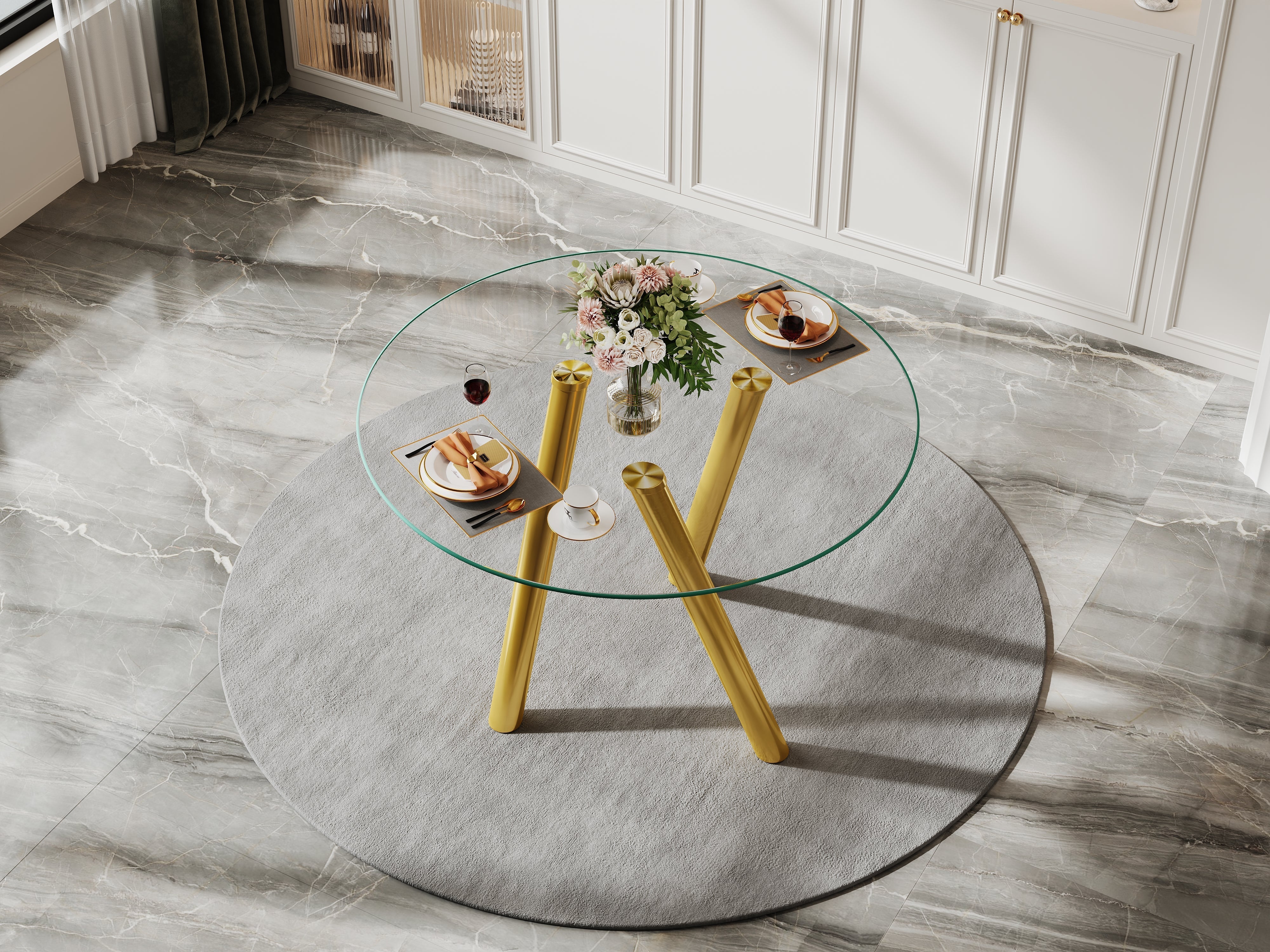 Round Dining Table with Sturdy Metal Legs, 89cm, Golden Tempered Glass
