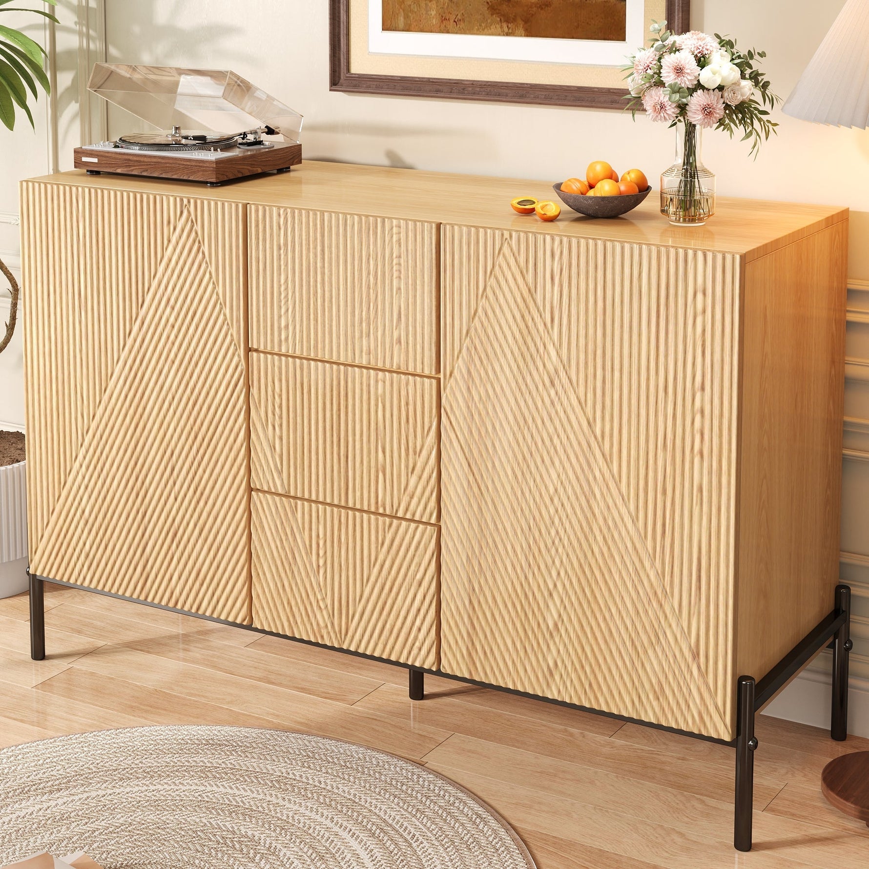 Modern Sideboard with Geometric Structure, Double Doors and Middle Drawer, Living/Dining Room Storage Cabinet