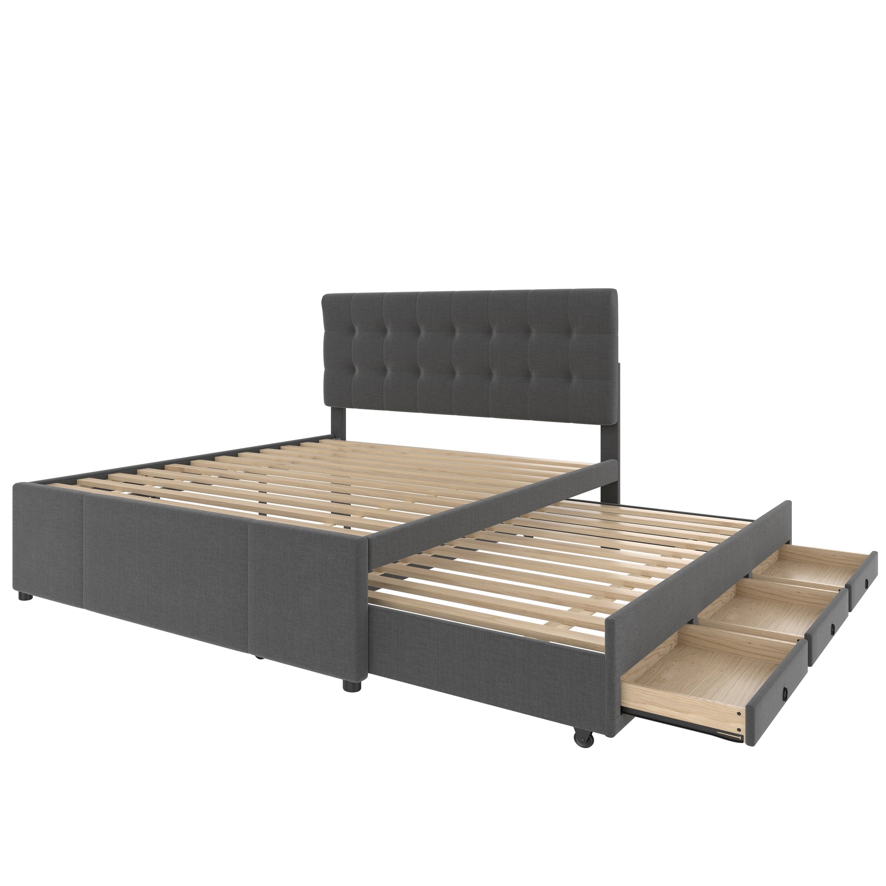 Upholstered Double Bed with 3 Drawers and Extendable Bed, 140x200cm, Grey