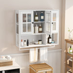 Bathroom Wall Cabinet, 3-Door Wooden with Open/Hidden Storage & Towel Bar, White