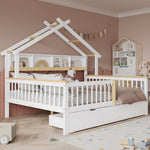 Children's Bed Roof Design, Railing, Storage Drawers, 140x200cm, Pine+MDF White/Natural