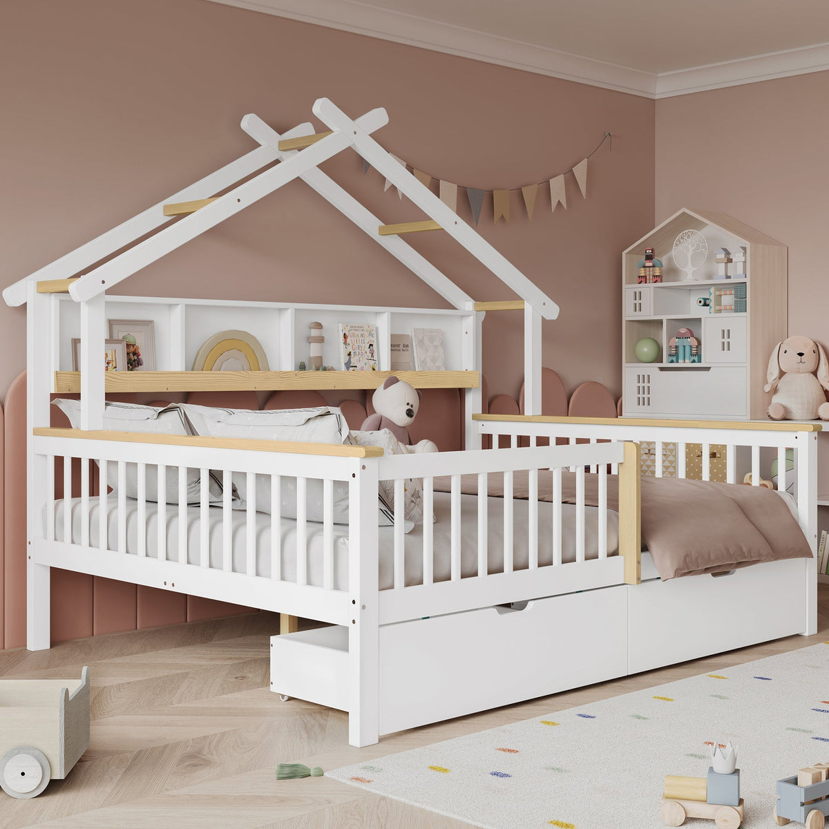 Children's Bed Roof Design, Railing, Storage Drawers, 140x200cm, Pine+MDF White/Natural