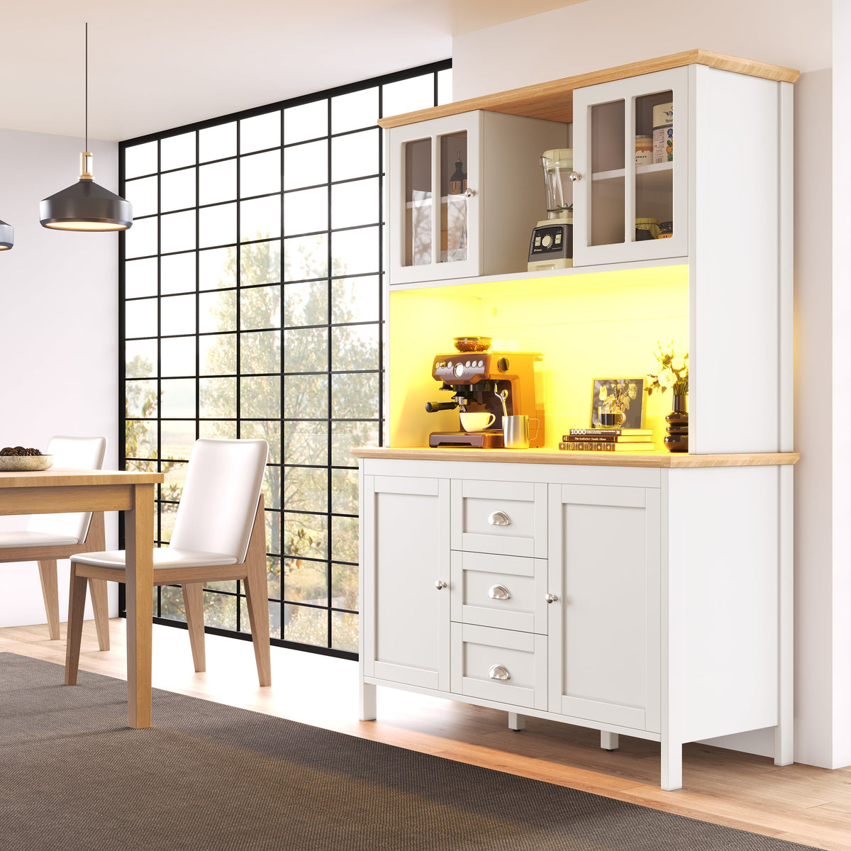 Tall Sideboard Cabinet with LED Lighting and 3 Drawers, White and Black