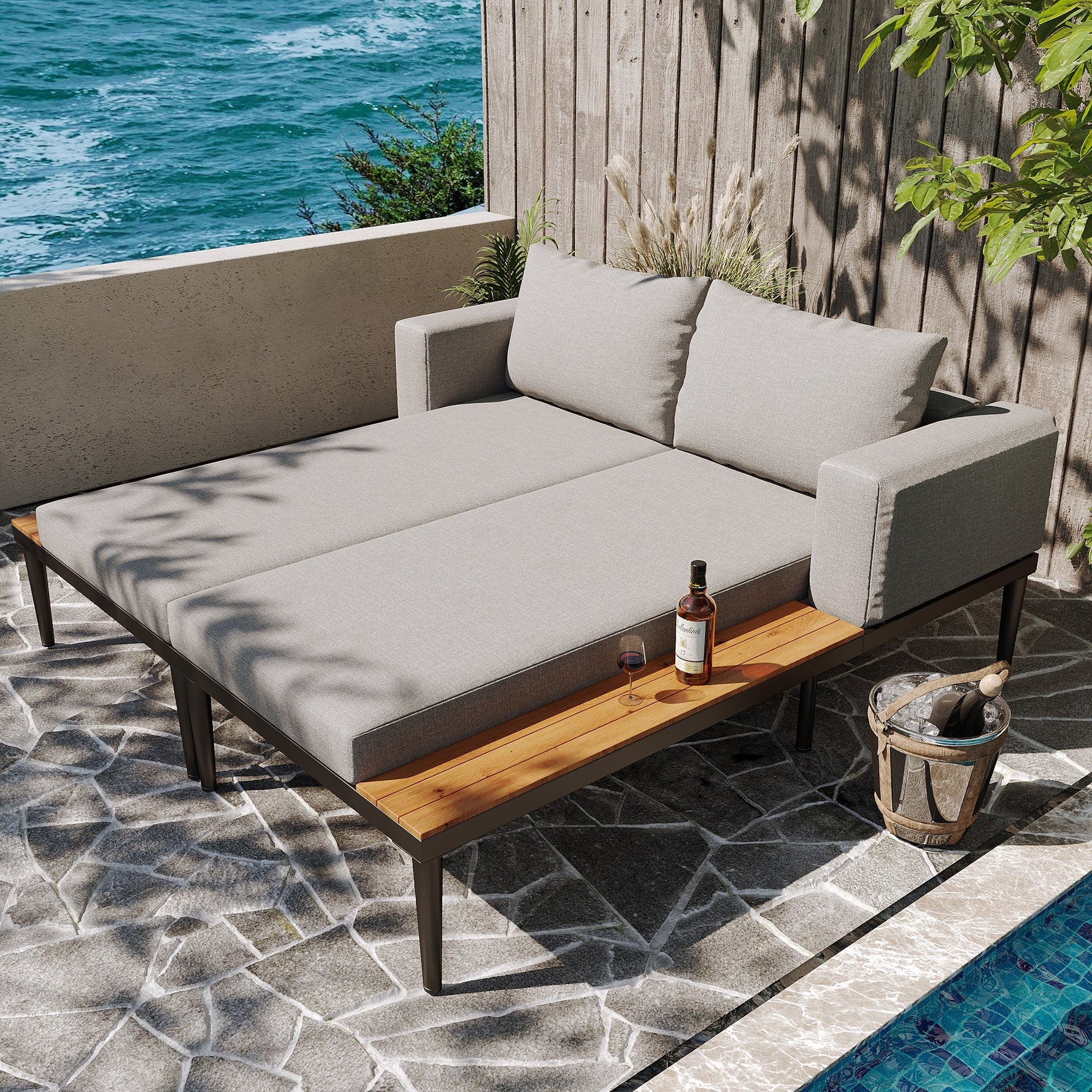 Outdoor Patio Daybed Double Lounge Sunbed Multifunctional Waterproof with Shelves
