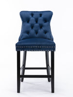 Barstools Set of 2 Velvet Upholstered Button Tufted Wooden Legs - Blue