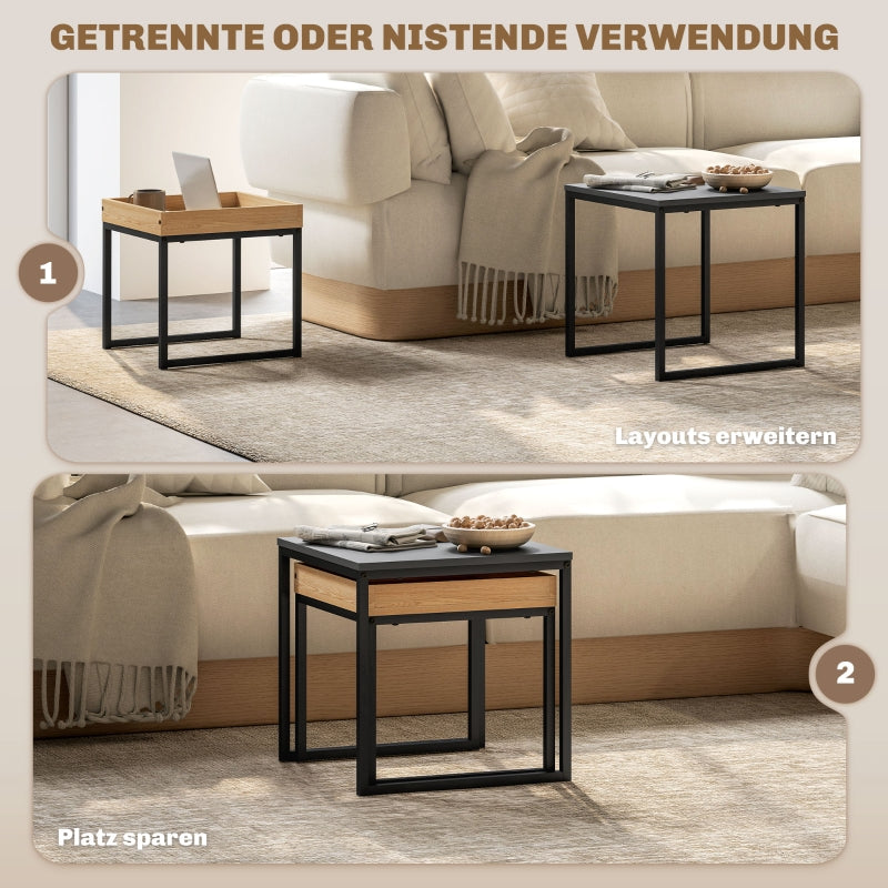 Modern Coffee Table, Set of 2 Sofa Tables, Square, MDF Metal Black