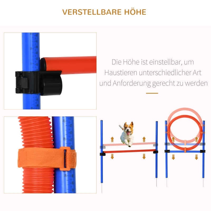 Dog Agility Set, 3 in 1, Slalom Hurdle Jumping Ring, Blue+Red