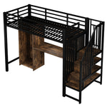 Loft Bed 90x200 cm with Wardrobe, Desk & Storage, Black Iron Frame