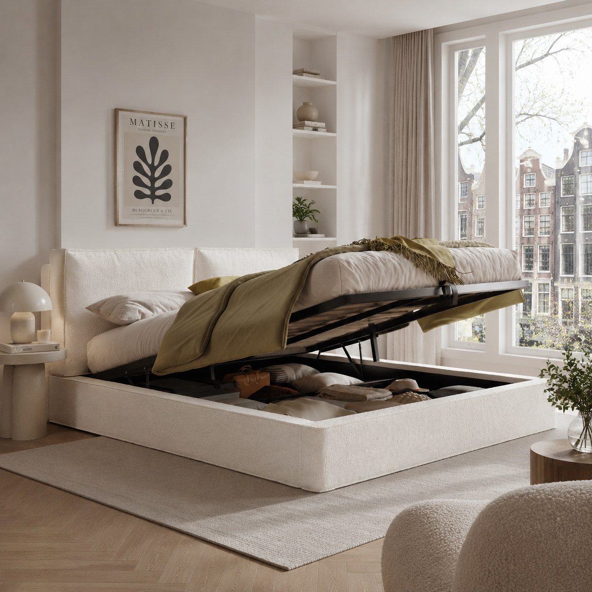 Upholstered Double Bed 180x200cm Hydraulic Storage, Beige Bouclé