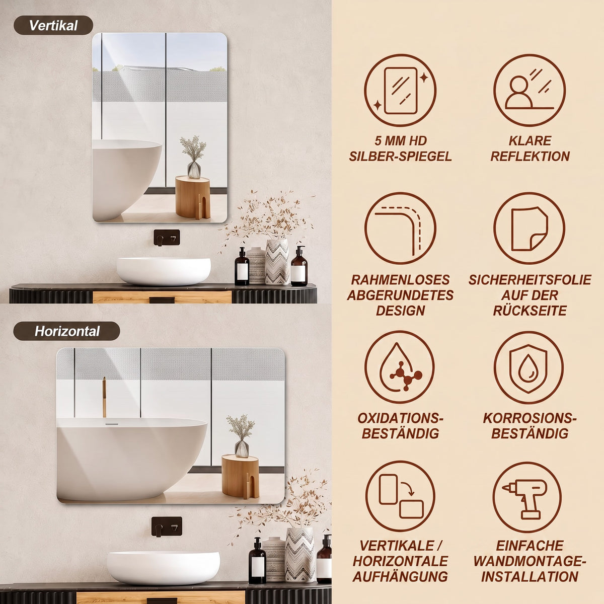 Frameless Wall Mirror, 100x75 cm HD Shatterproof, Copper-Free Glass
