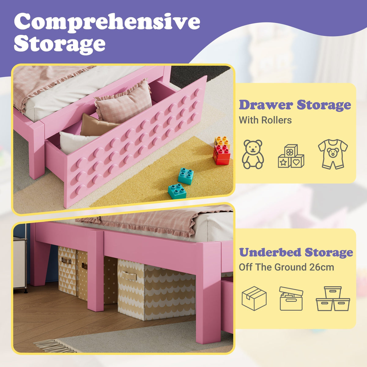 Wooden Single Bed, 90x200 cm with Drawers, Pink