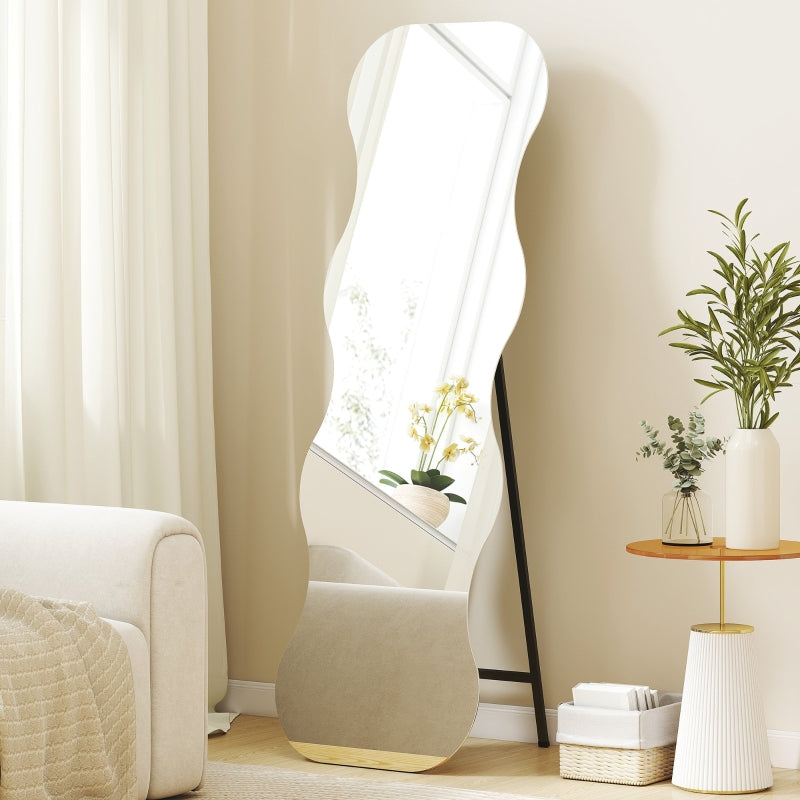 Full-Length Frameless Wave Mirror with Wooden Base, Black