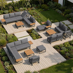 L-shaped Garden Sofa Set Weatherproof 7-Seater Corner Lounger Wooden Armrests Iron Grey/Beige