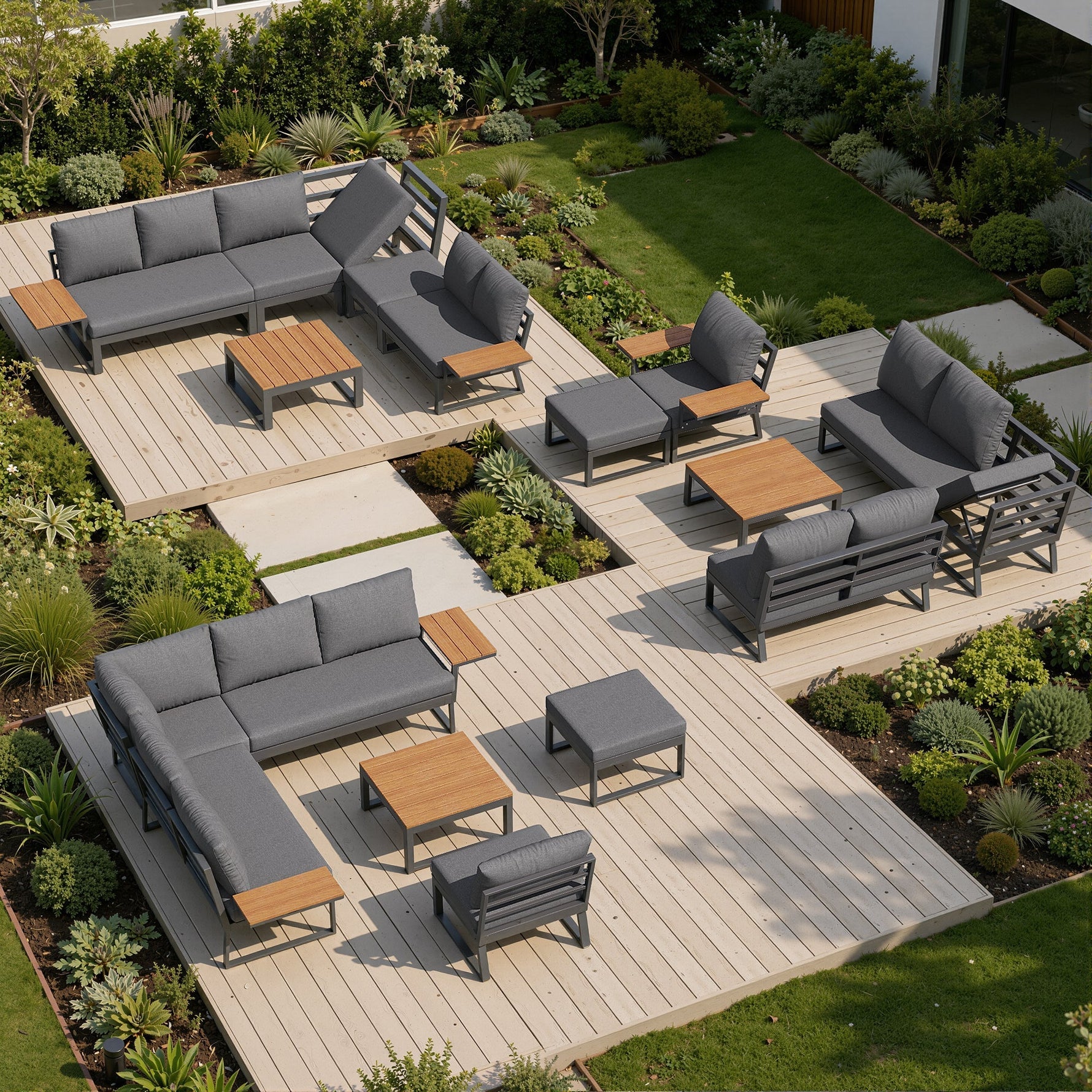 L-shaped Garden Sofa Set Weatherproof 7-Seater Corner Lounger Wooden Armrests Iron Grey/Beige