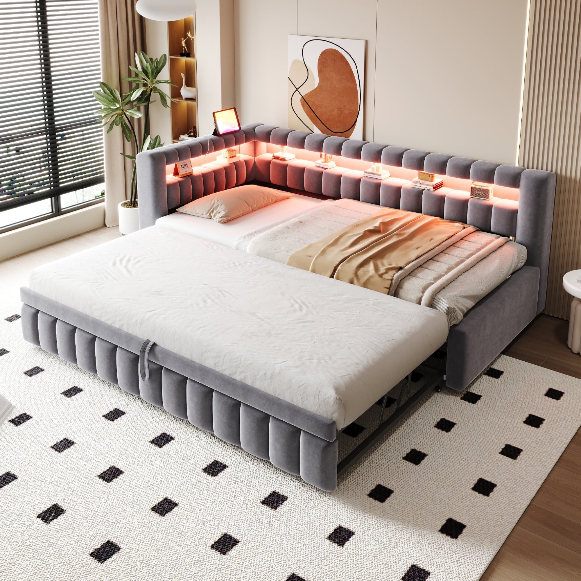 Upholstered Sofa Bed with LED Lighting and USB Charging, 90x200cm, Dark Grey Velvet