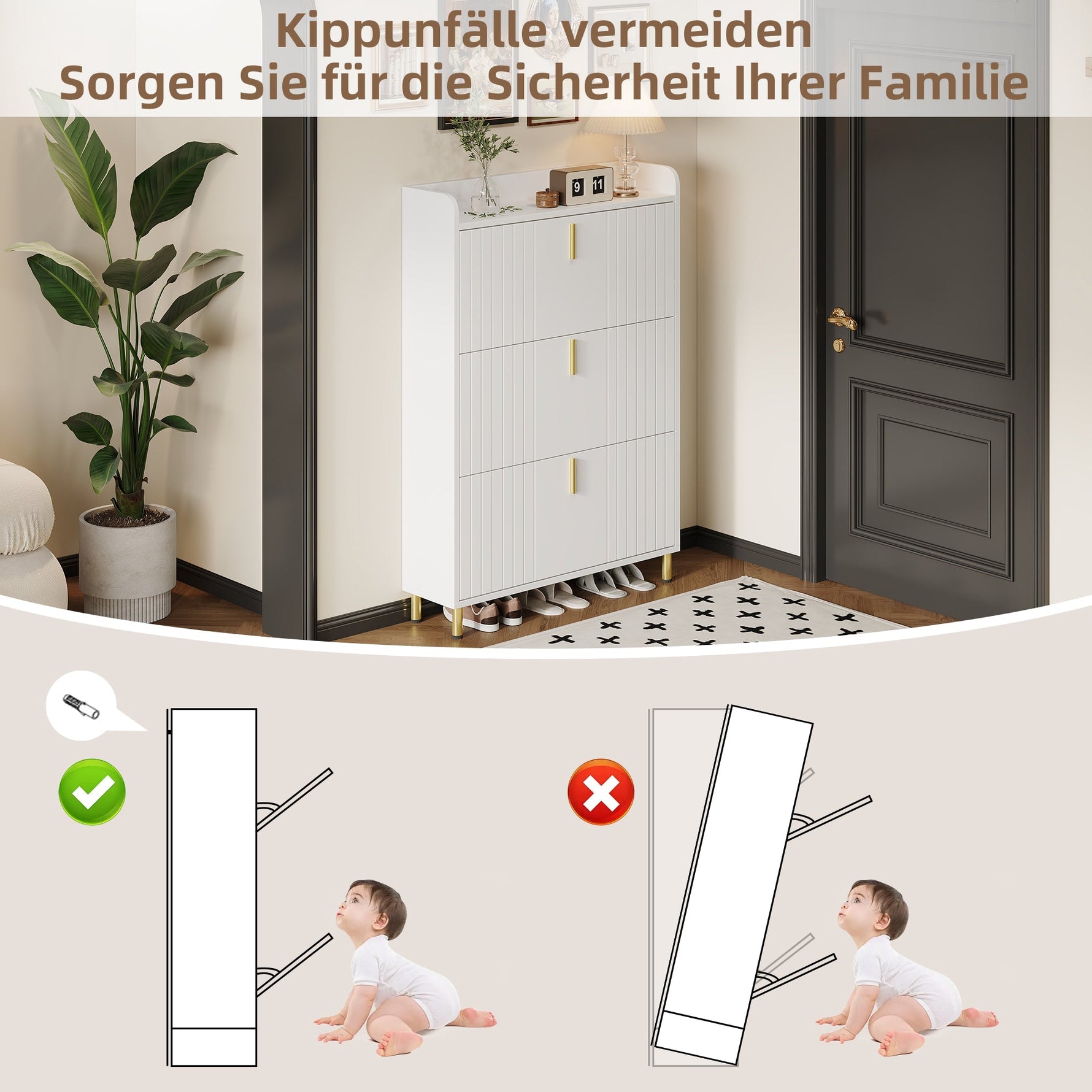 Shoe Cabinet with 3 Doors, Narrow 6 Compartment Adjustable - White