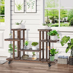 Flower Stand/Plant Shelf, Four-Tier, 123.5x33x80cm, Solid Charred Wood
