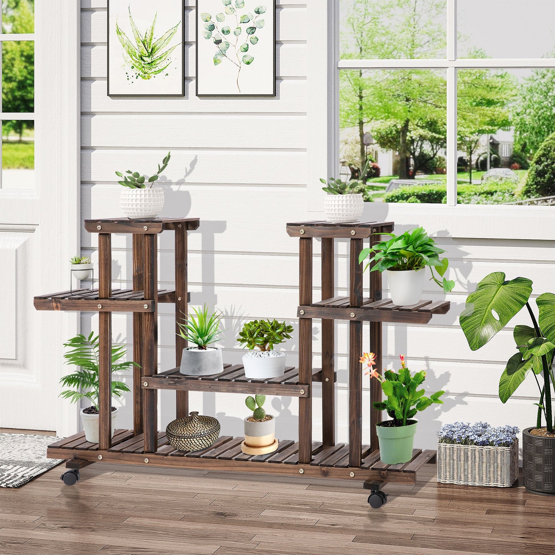 Flower Stand/Plant Shelf, Four-Tier, 123.5x33x80cm, Solid Charred Wood