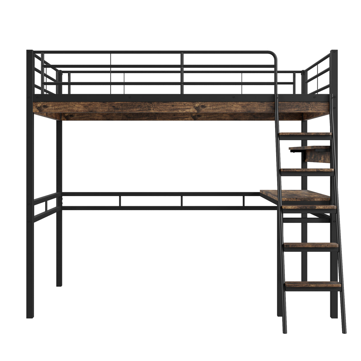 Loft Bed 90x200cm with Desk and Shelves, Black Iron