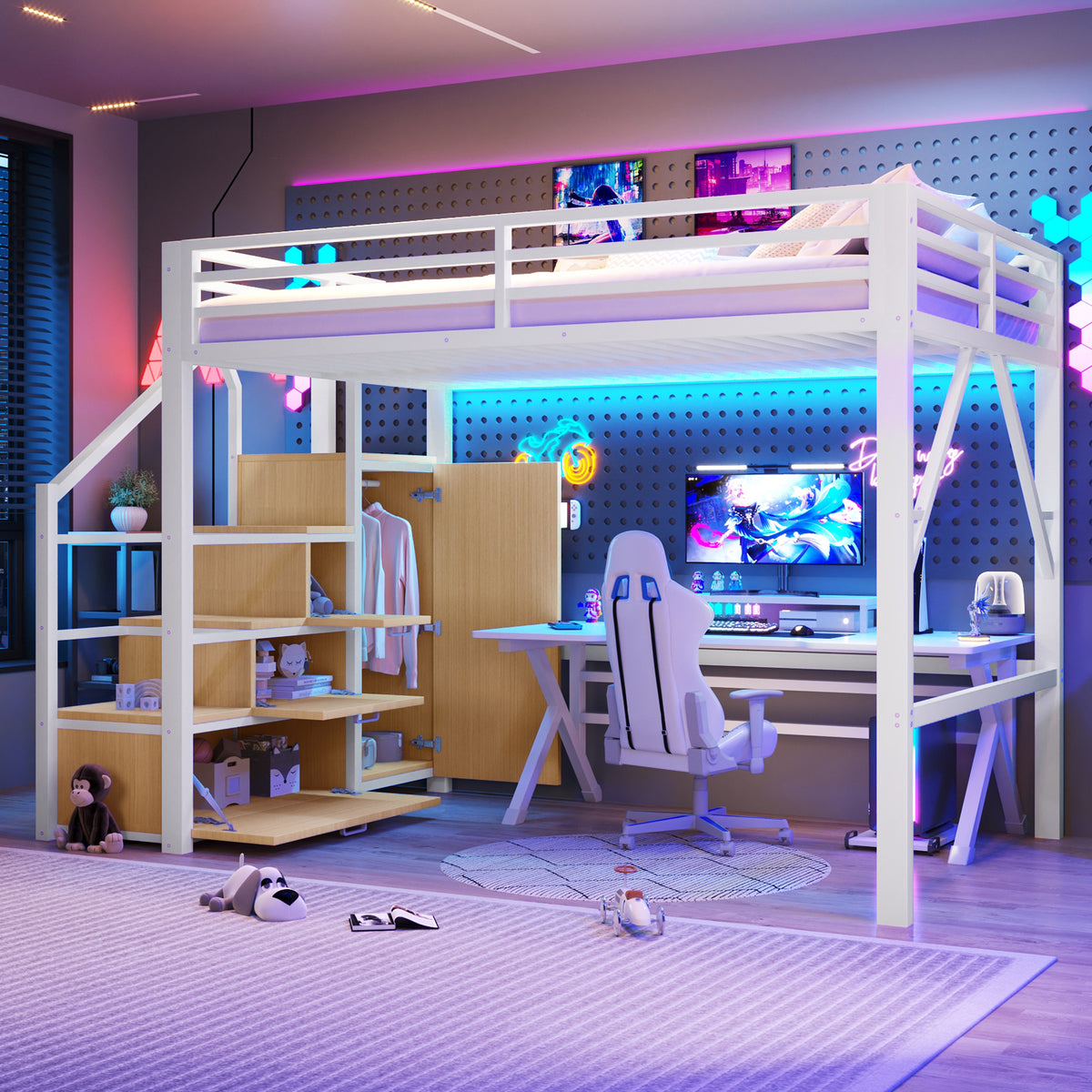 Loft Bed 140x200cm with Storage & Wardrobe in White Metal