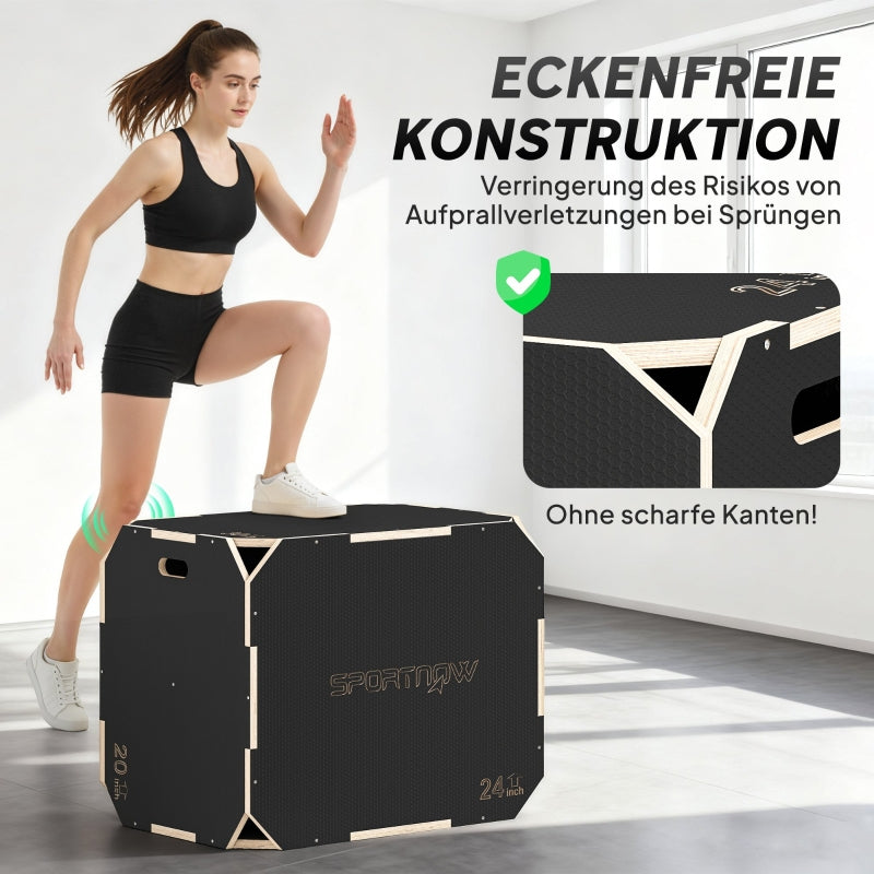 3-in-1 Plyo Box with Handle Openings and 3 Jump Heights, Wood, Black