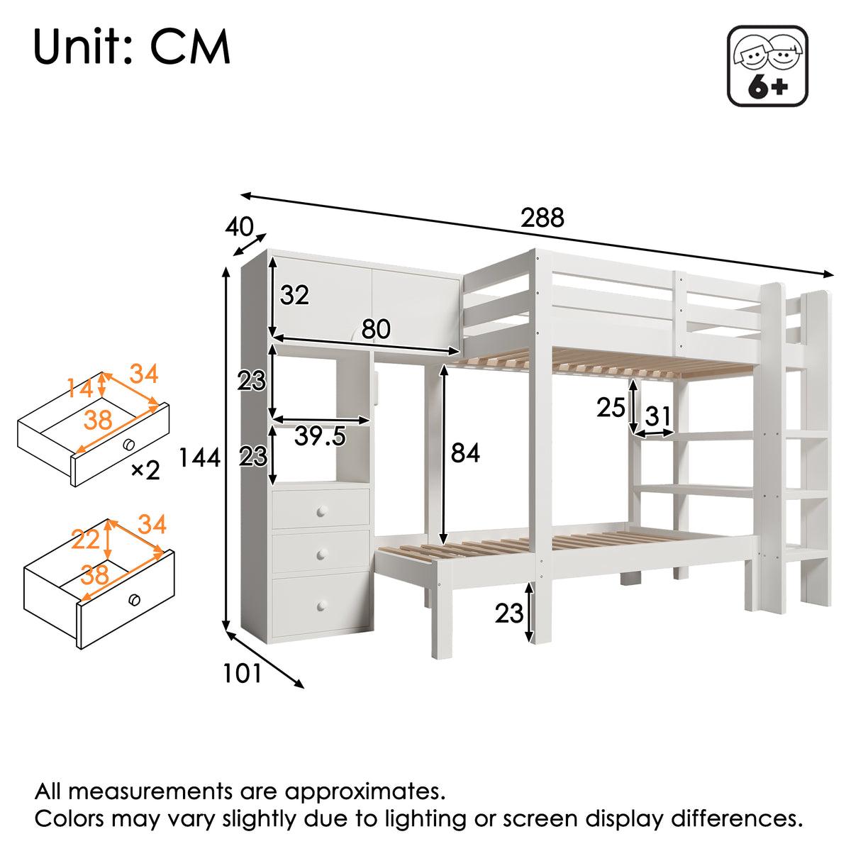 Bunk Bed 90x200 cm with Wardrobe & Storage Drawers, White