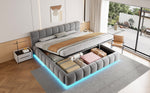 Upholstered Double Bed with Light Strip and Hydraulic Storage, 180x200cm, Grey Velvet