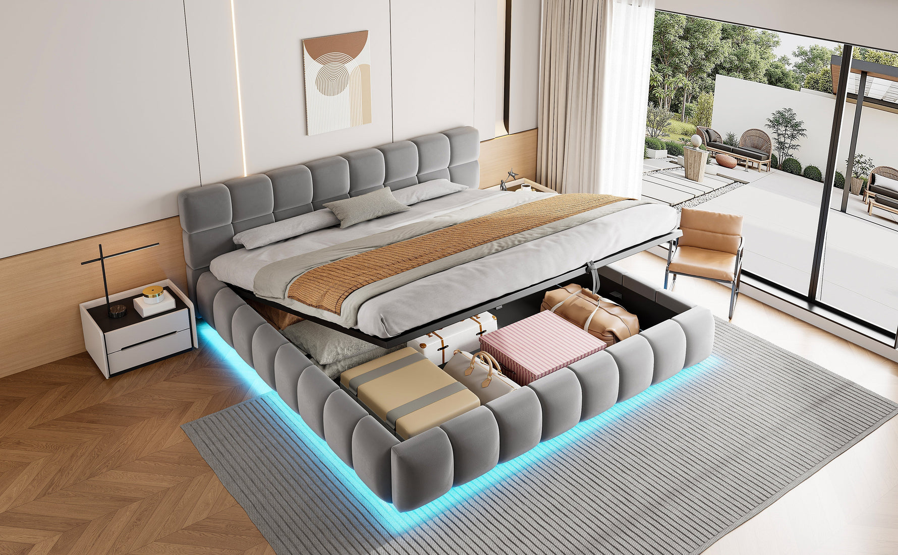Upholstered Double Bed with Light Strip and Hydraulic Storage, 180x200cm, Grey Velvet