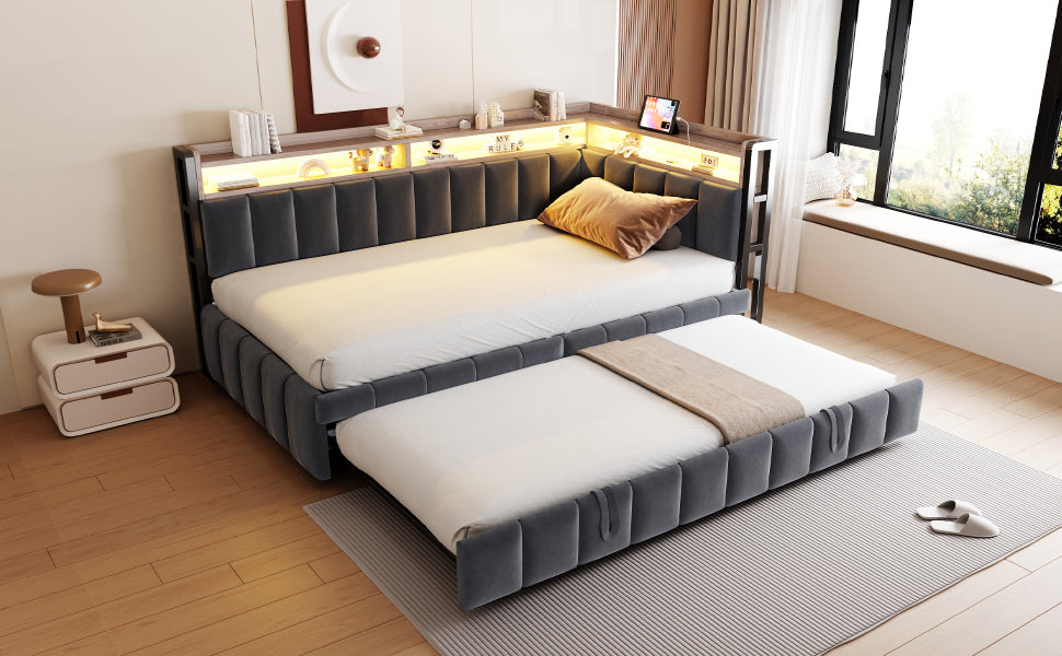 Upholstered Sofa Bed 90x200cm, Trundle & Storage, Dark Grey Velvet