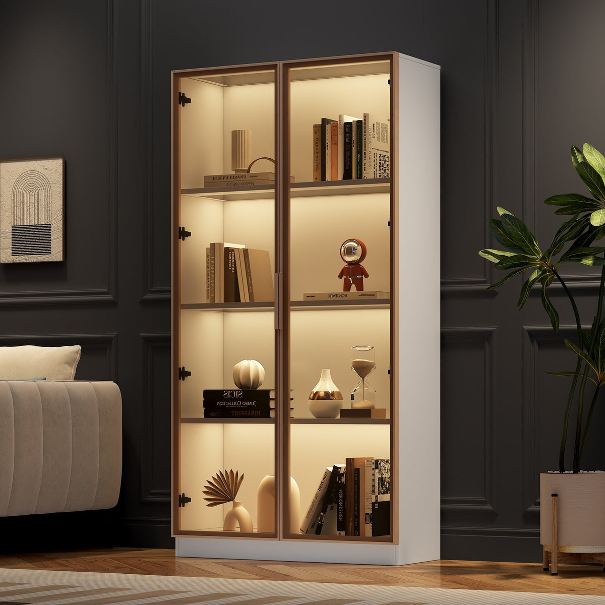 Glass Display Cabinet, 16-Color LED Lighting, Movable Shelves, 80x40x160cm, Freestanding, Glass