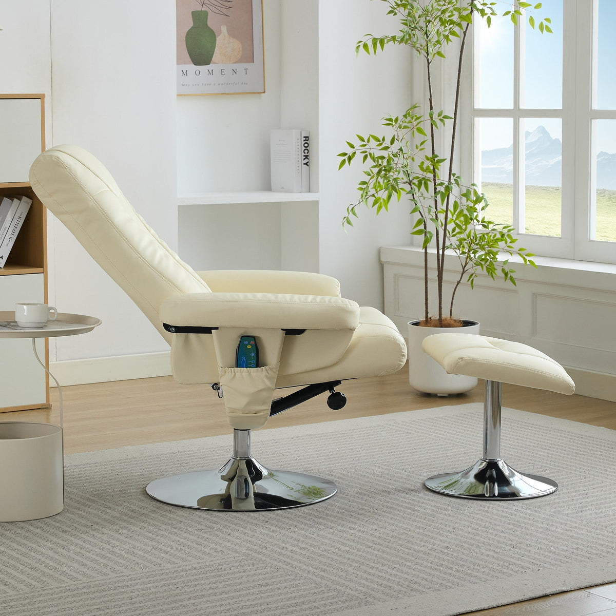 Recliner Chair with 5-Point Massage, Electric Heating, 360° Swivel, PU Fabric Beige