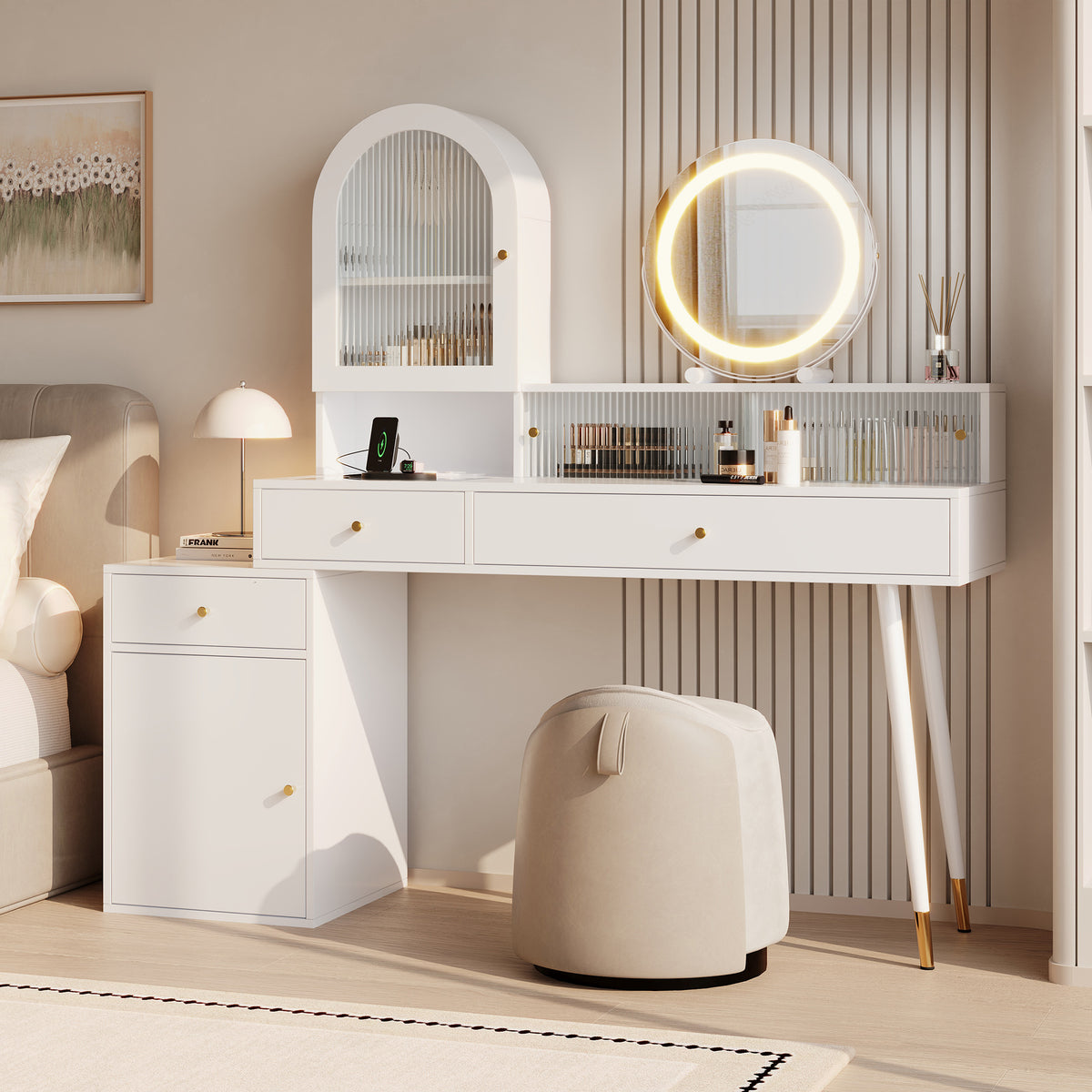 Vanity Table with LED Mirror & USB Ports, L-Shape Design, White