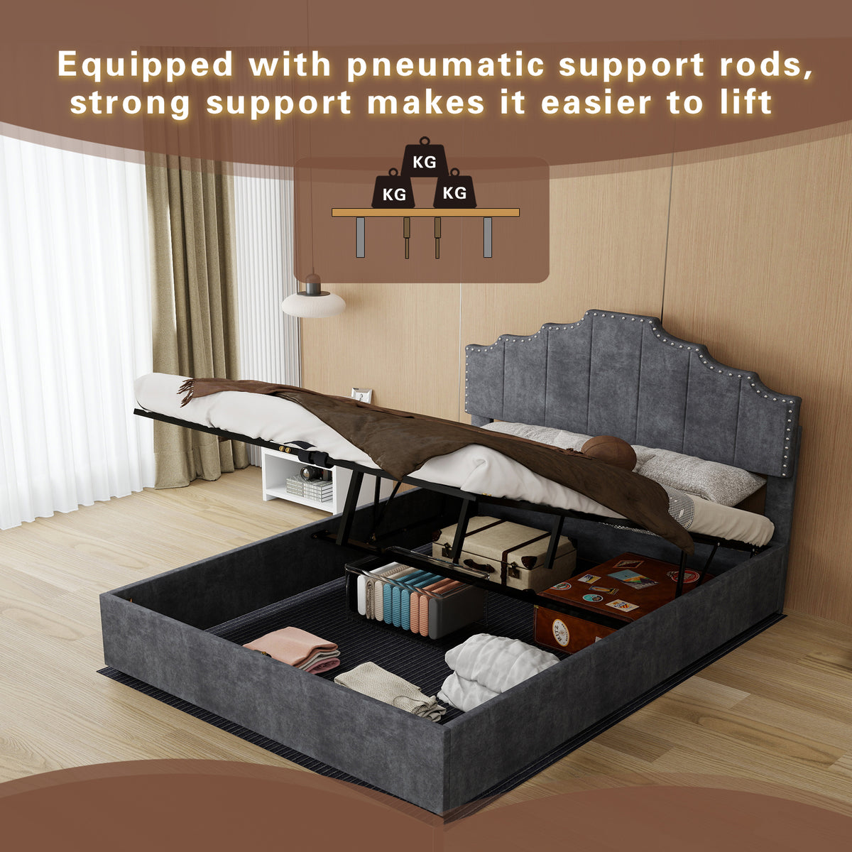 Modern Soft Bed with Mattress 140x200cm, Pneumatic Storage, Grey