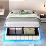 Upholstered Bed 160x200cm Hydraulic Floating Frame Storage LED Light, Linen Beige