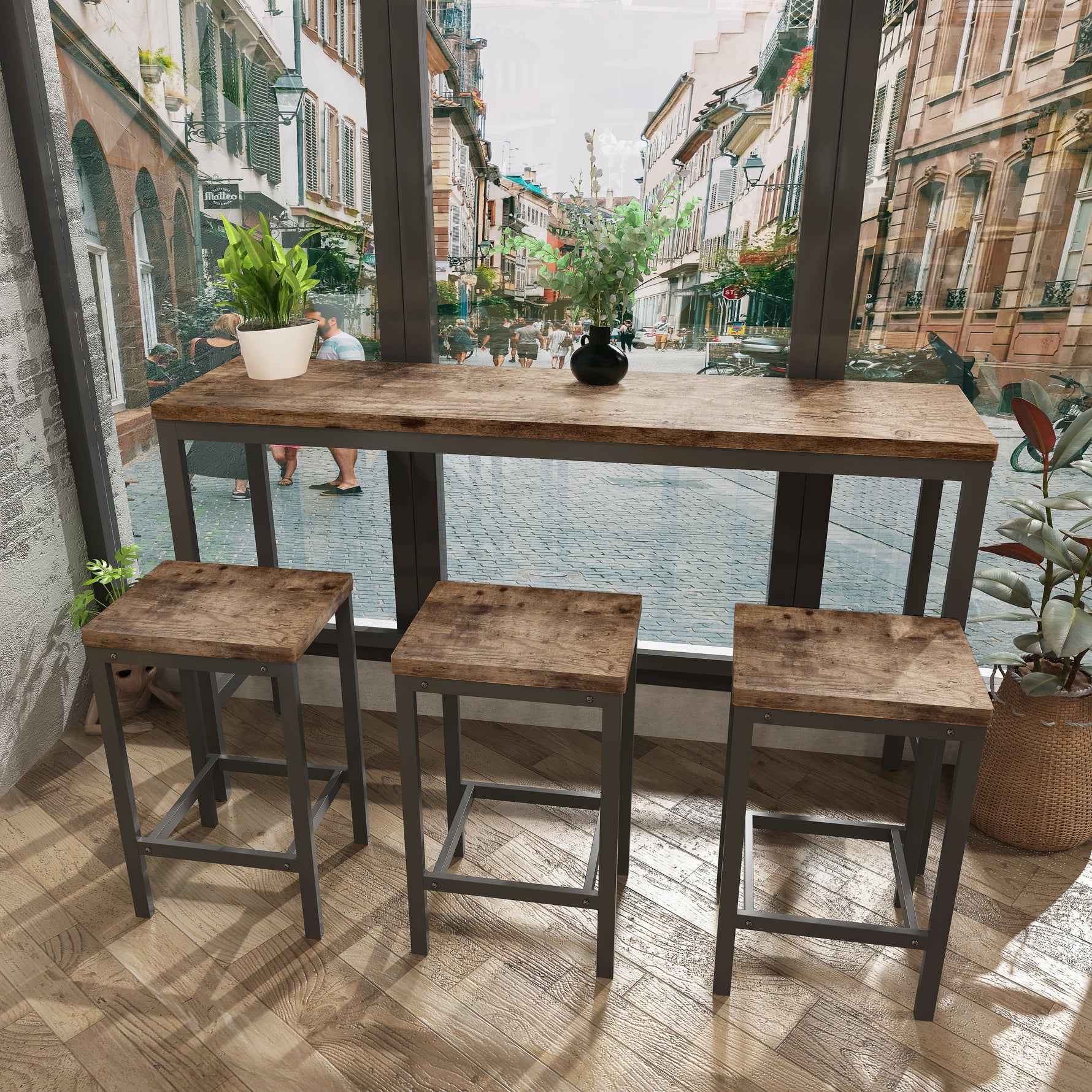 Dining Table Set, 148CM Modern Design Kitchen Pub Table with 3 Stools, Natural