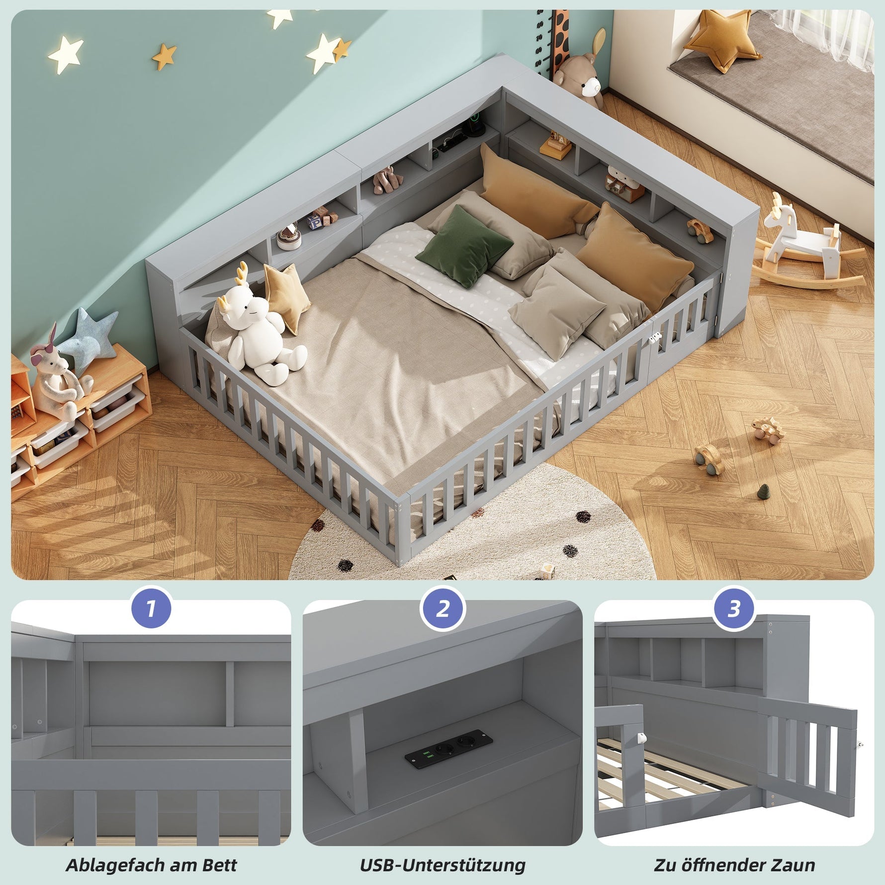 Daybed with Storage and USB Ports, 140x190cm Sofa Bed with Slatted Base and Railing, Grey Chipboard
