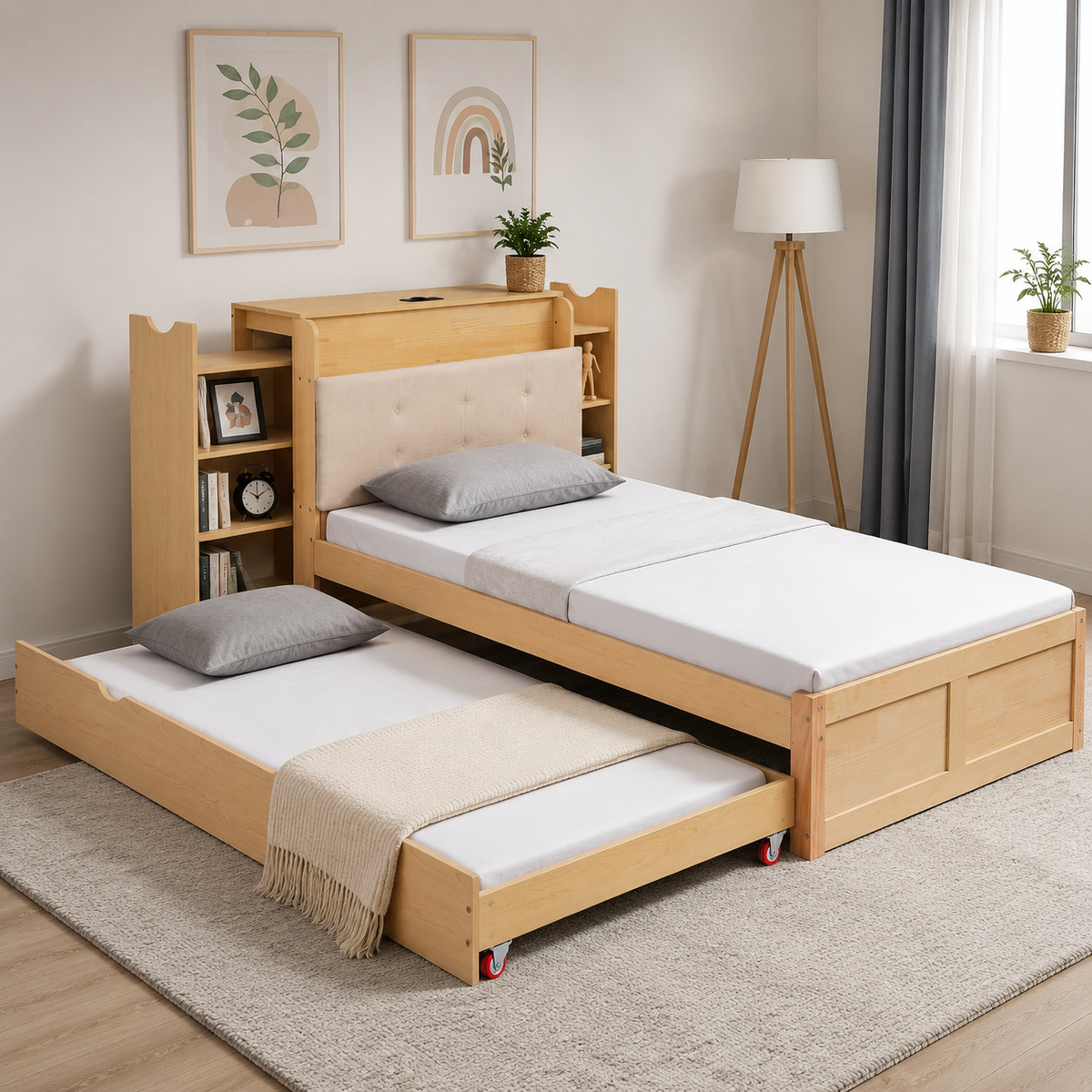 Upholstered Double Storage Bed 160x200 LED USB-C, Linen