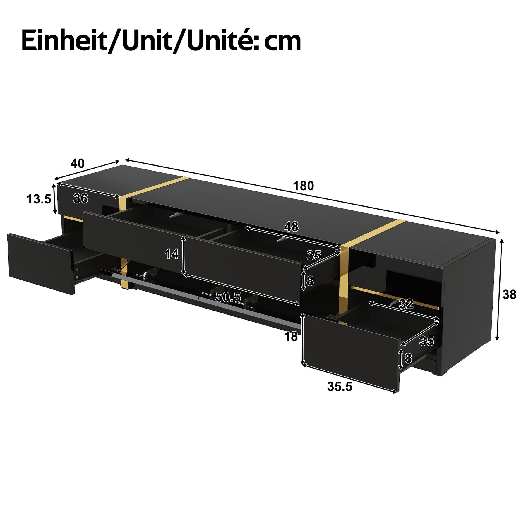 Luxurious TV Stand with Drawers and Doors, Modern High-Gloss Finish, Gold Edges