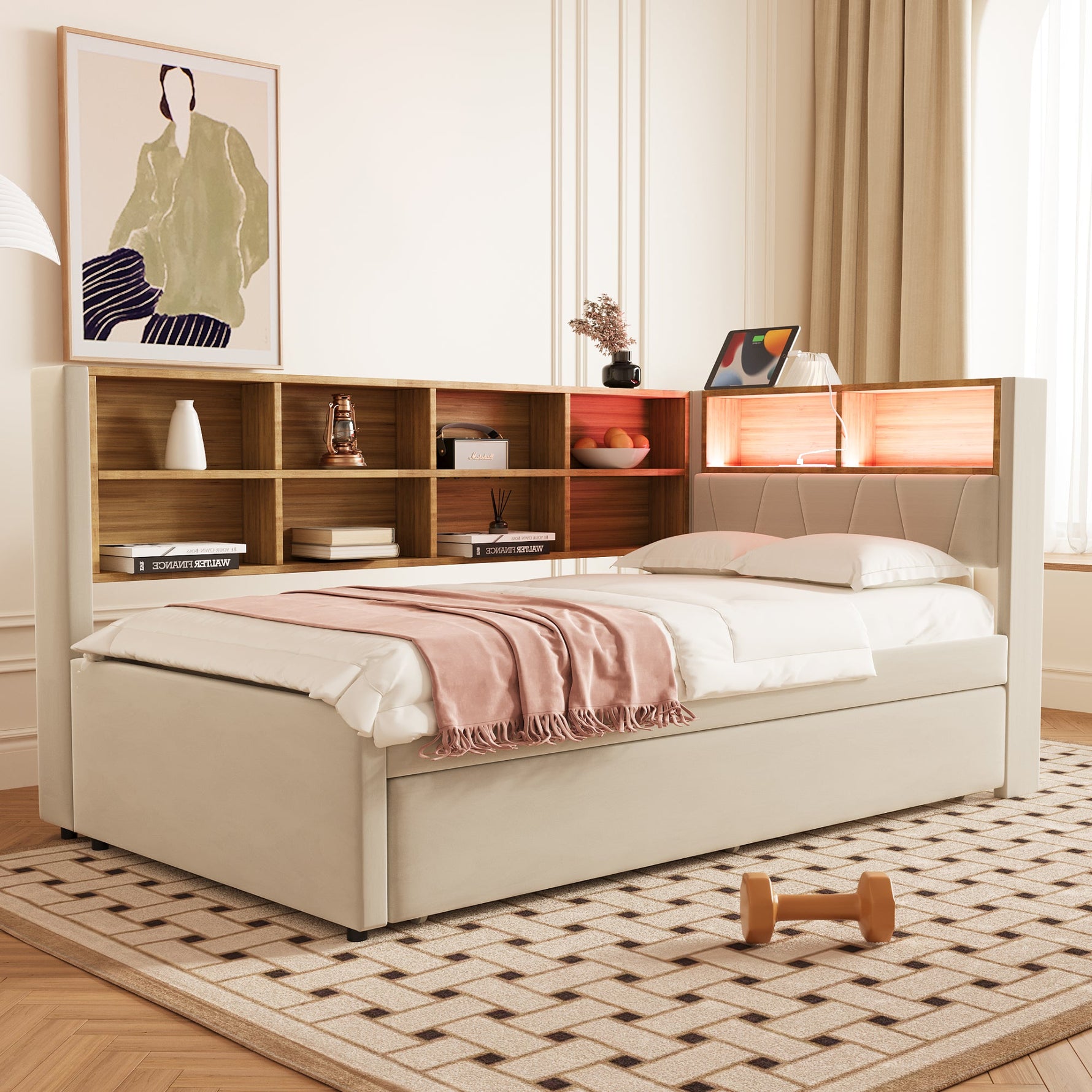 Sofa Bed with Pull-Out Bed, USB Socket, Storage, Beige
