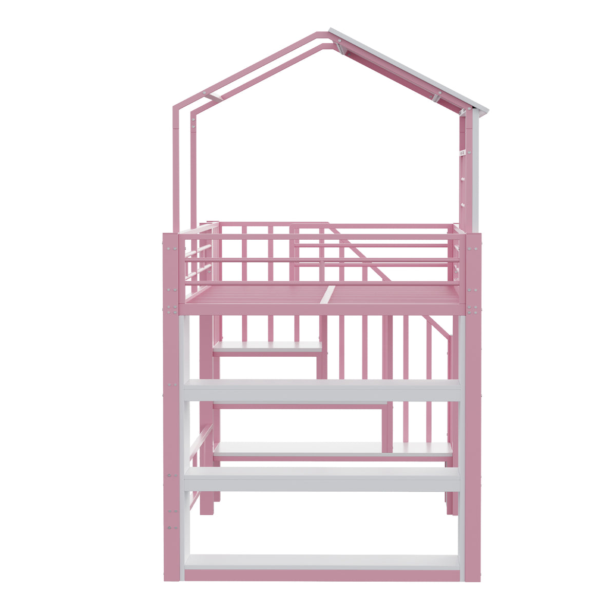 House Loft Bed 90x200cm with Storage Shelf & Stairs, Pink Iron
