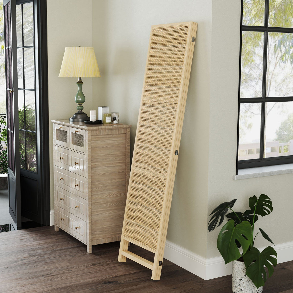 Folding Screen 3-Part Room Divider PP Rattan, Natural
